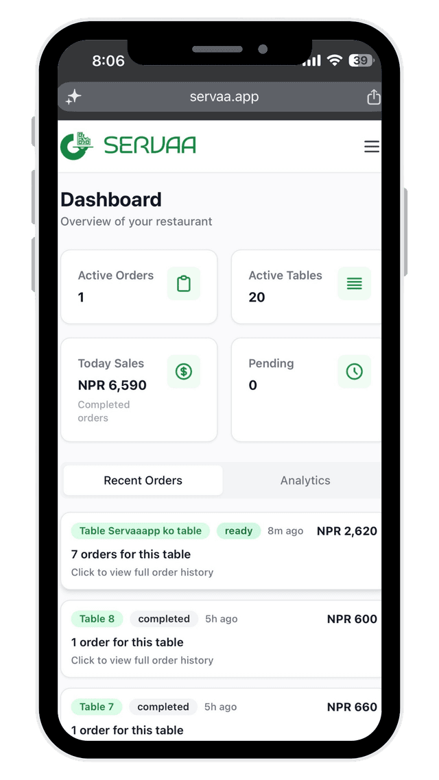 Servaa customer menu shown on mobile